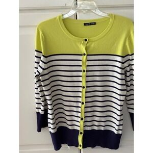 Cable & Gauge Womens Cardigan Sweater Lime Green Navy Blue Striped Colorblock